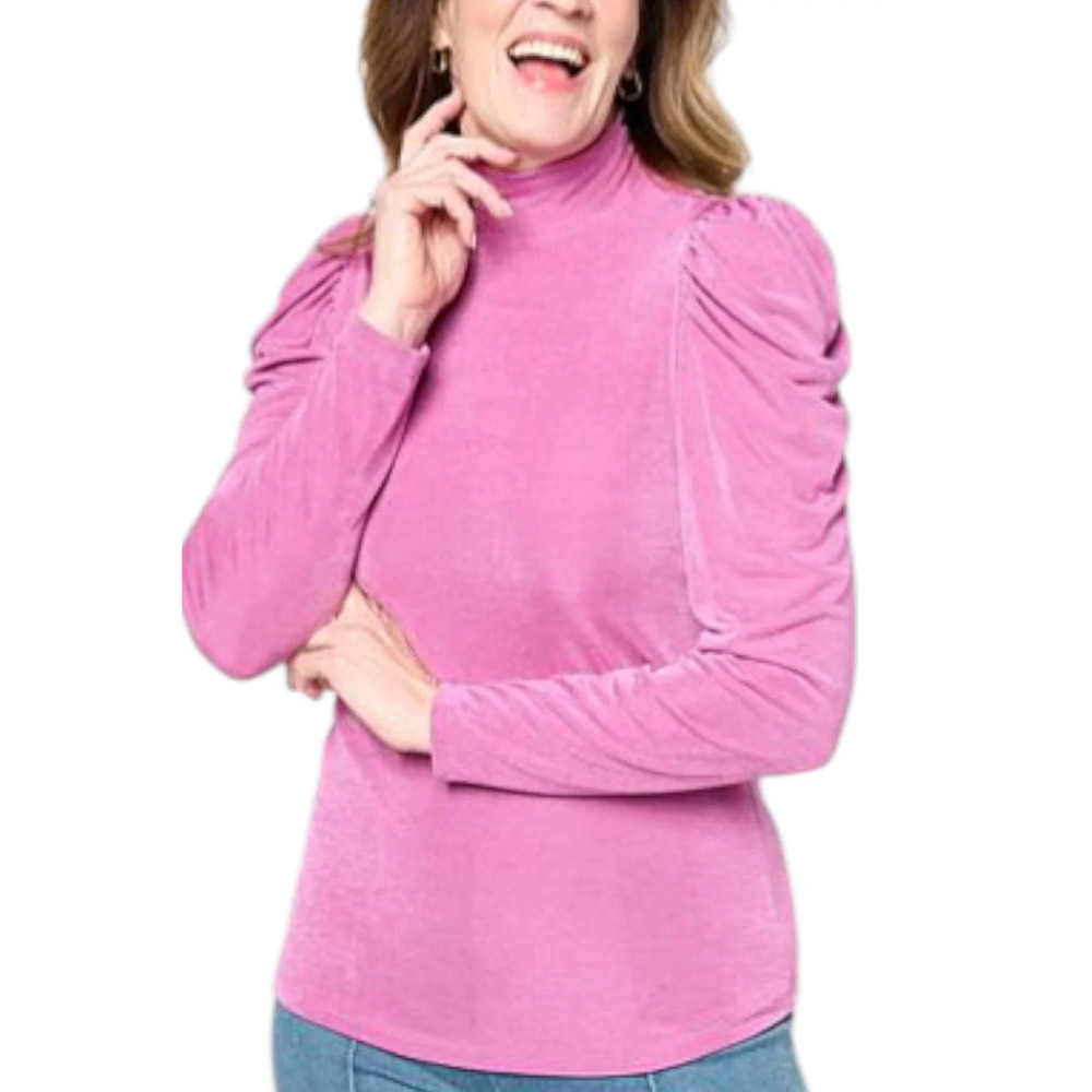 C Wonder Women's Mock Neck Shirred Puff Sleeve Top Passion Pink - Regular